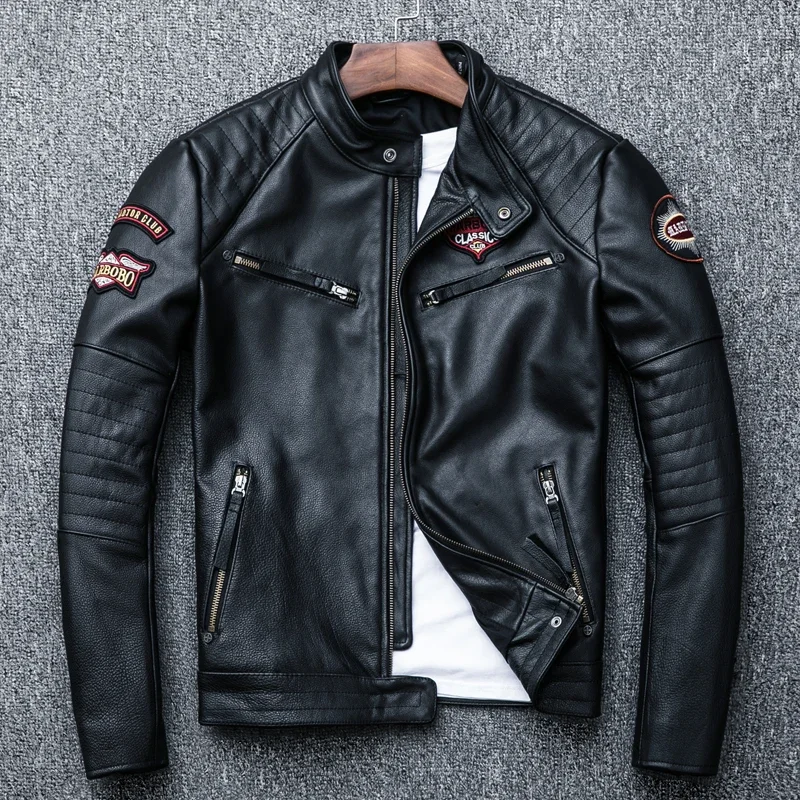 2025 New Black Embroidery Skull Motorcycle Leather Jackets Natural Cowhide Moto Jacket Biker Leather Coat Slim Clothing
