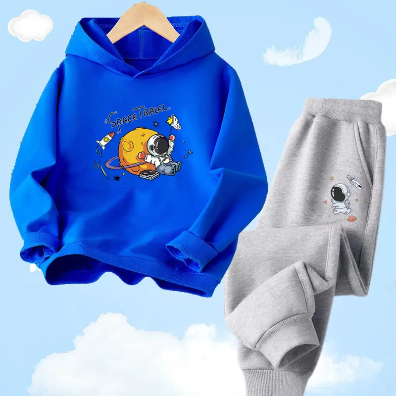 Kids Spring Autumn 2Pcs Clothes Set Funny Astronaut Children's Space Hoodie Sweaters+SweatPants Set 3-14Y Boys Tracksuit