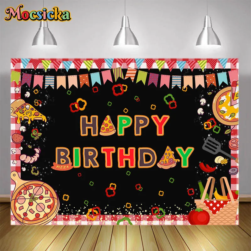 Happy Birthday Pizzas Backdrop for Mexican Fiesta Pizzeria Party Decorations Cinco De Mayo Taco Festival Party Supplies Banner