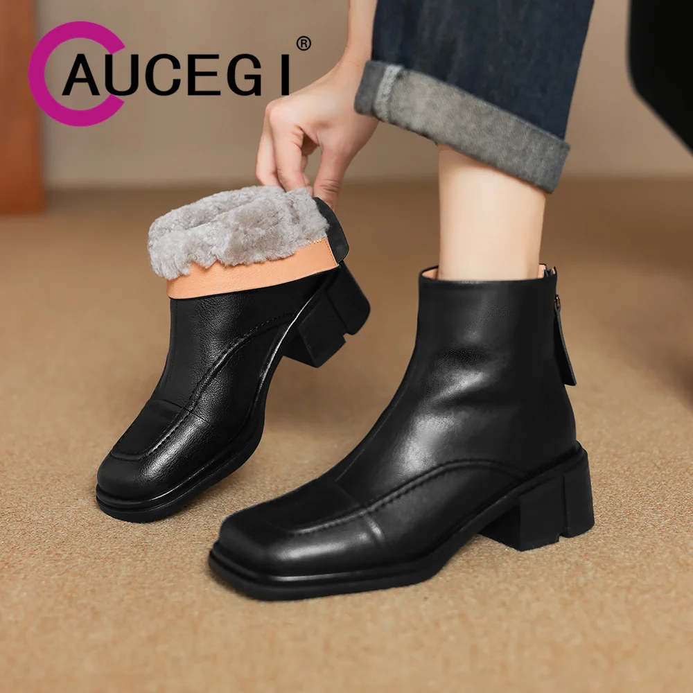 Aucegi النمط الكلاسيكي جلد طبيعي شتاء دافئ الثلوج حذاء من الجلد النساء ساحة تو سميكة عالية الكعب عودة سستة ركاب الأحذية #1