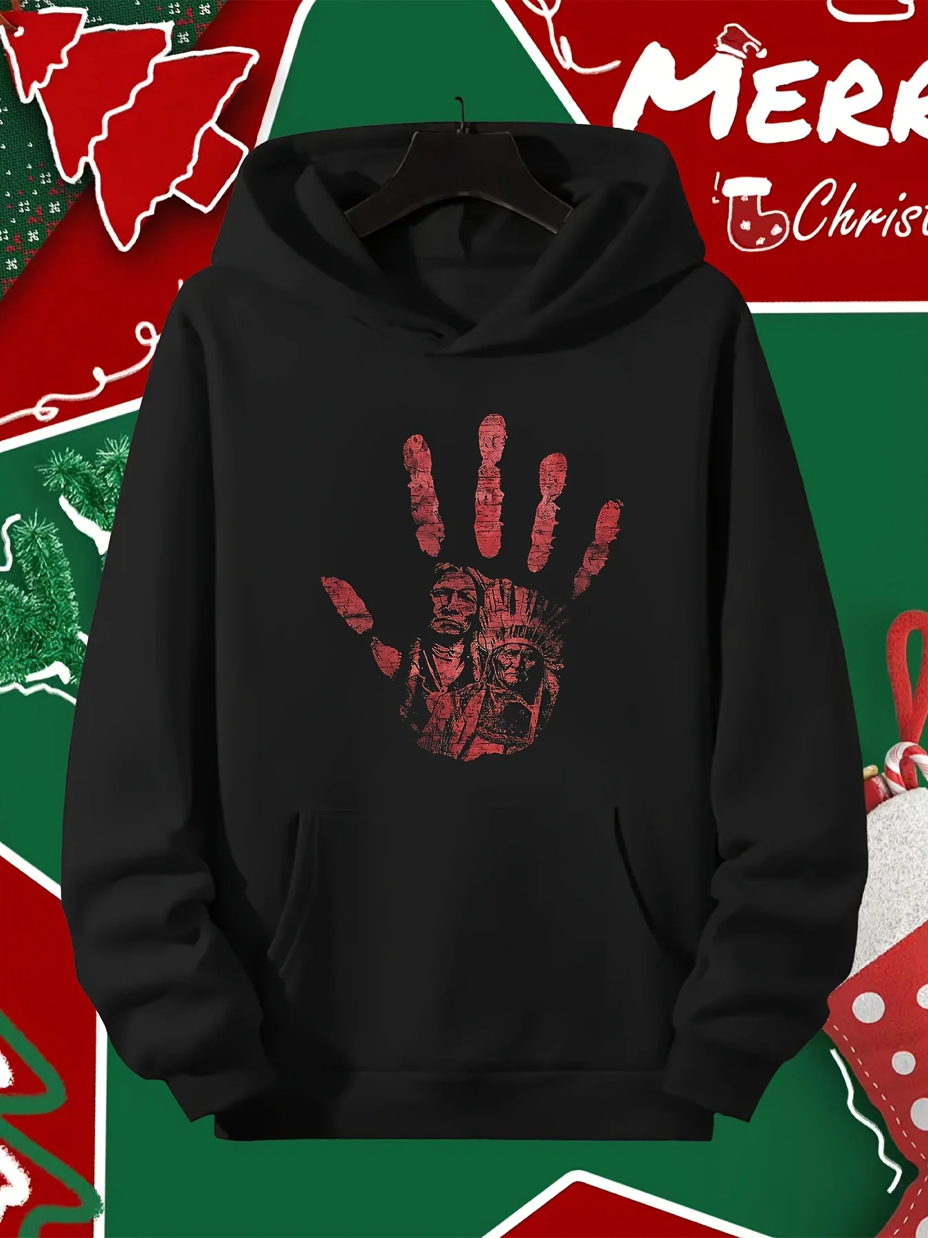 S-style Native American Pattern Hooded Sweater, Red Handprint and Tribal Leader Print, Comfortable Casual Jumper, Machine Washable, All Seasons, Soft Fabric, Hooded Sweatshirt, Halloween Gifts, Black Friday Special, Thanksgiving and Christmas Selection