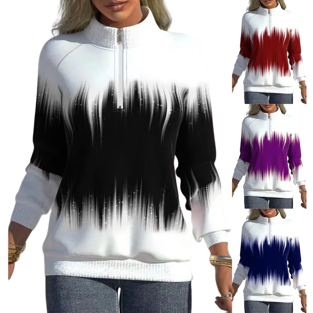 Zip Sweatshirt Winter Gradient Printing Tops Fashion PocketLong Sleeve Pullover  Casual Half Turtleneck Hoodie Women Clothes
