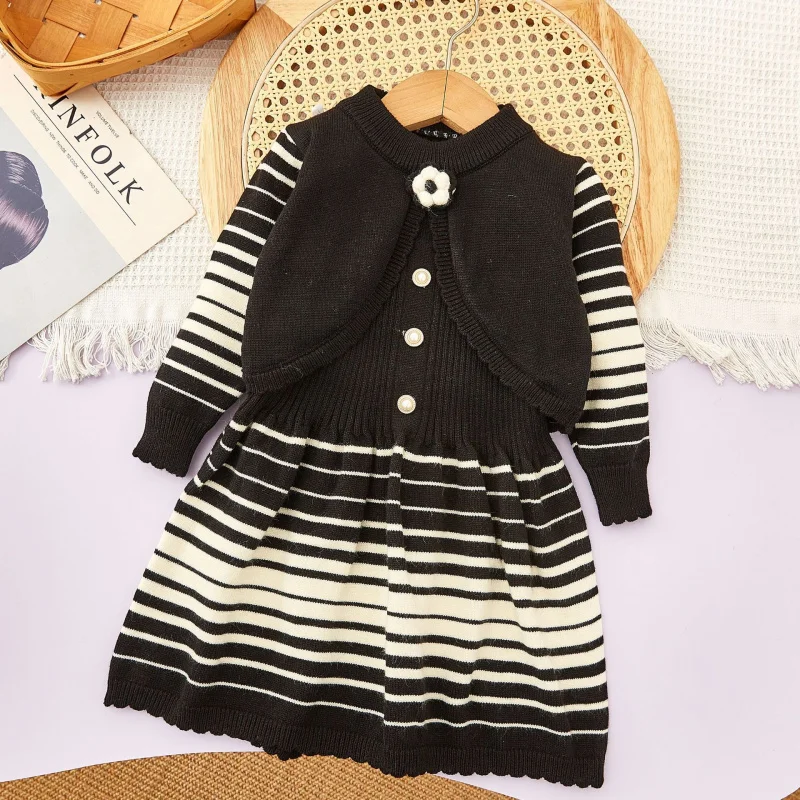 

Children's Outfit Skirt New Style Girls' Autumn Winter Floral Striped College Style Knitted Jacket Dress Two-Piece Set