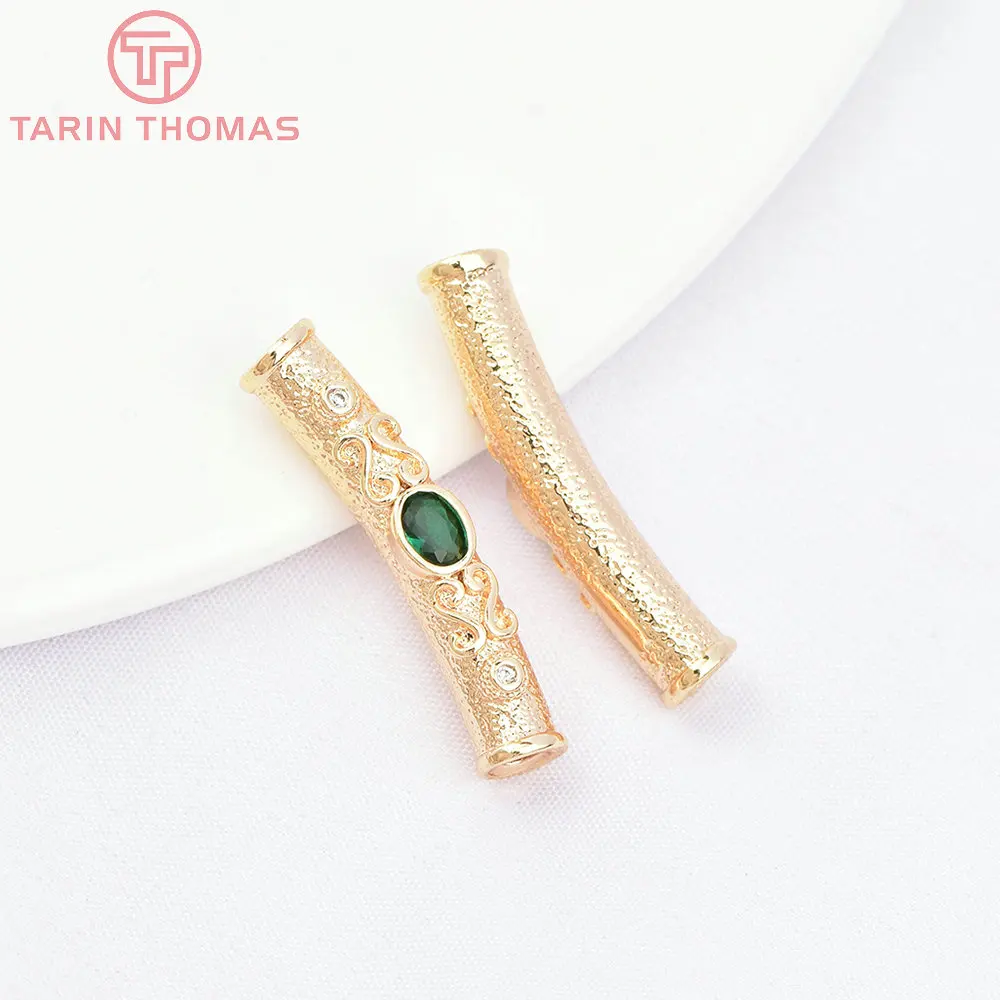 (7370) 2PCS 25x4.5MM 24K Gold Color Brass with Zircon Hollow Curved Bracelet Tube High Quality Diy Jewelry Accessories Wholesale
