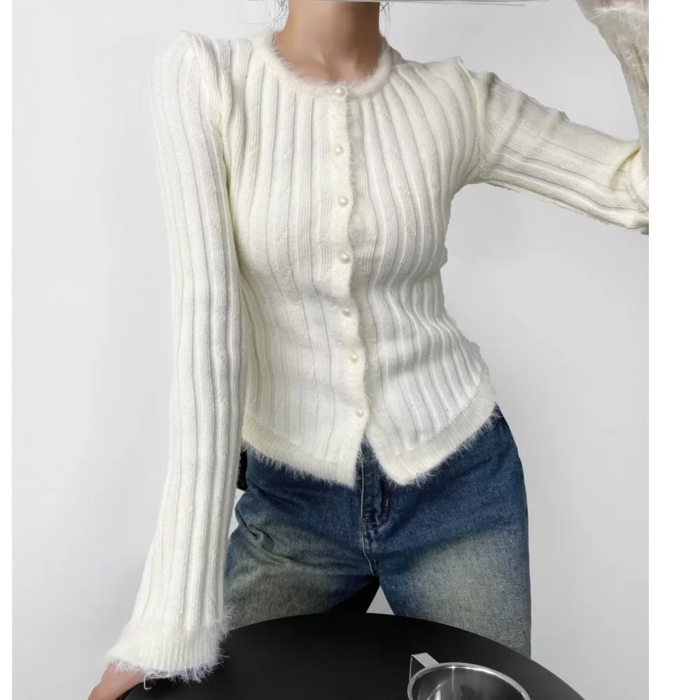 Autumn Winter Women Crew Neck Button-through Front Rib Knitted Crop Cardigan Retro Contrast color Shaggy Sweater Slim Jumper