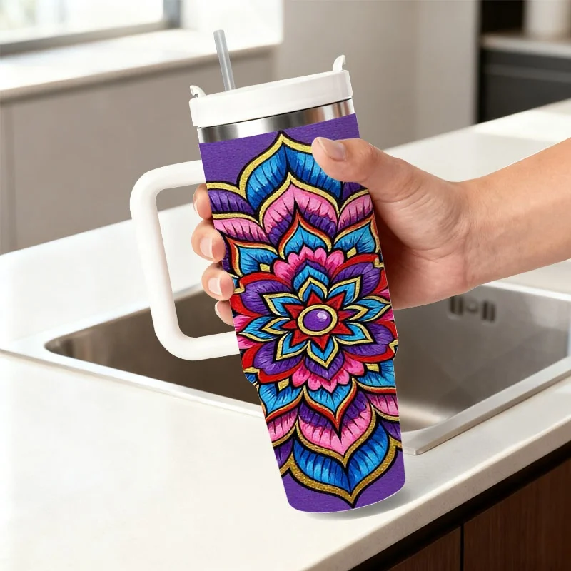 Stainless Steel 40oz Insulated Tumbler, Vibrant Digital Print Ornate Mandala Design on Solid Purple Background, Durable Hot & Cold Drink Cup for Daily Use, Road Trips & Outdoor Activities