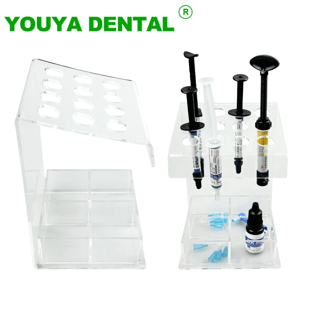 Soporte de resina compuesta Dental, 12 agujeros, 4 almacenamiento, caja acrílica transparente, aplicador de resina adhesiva para odontología, organizador dispensador