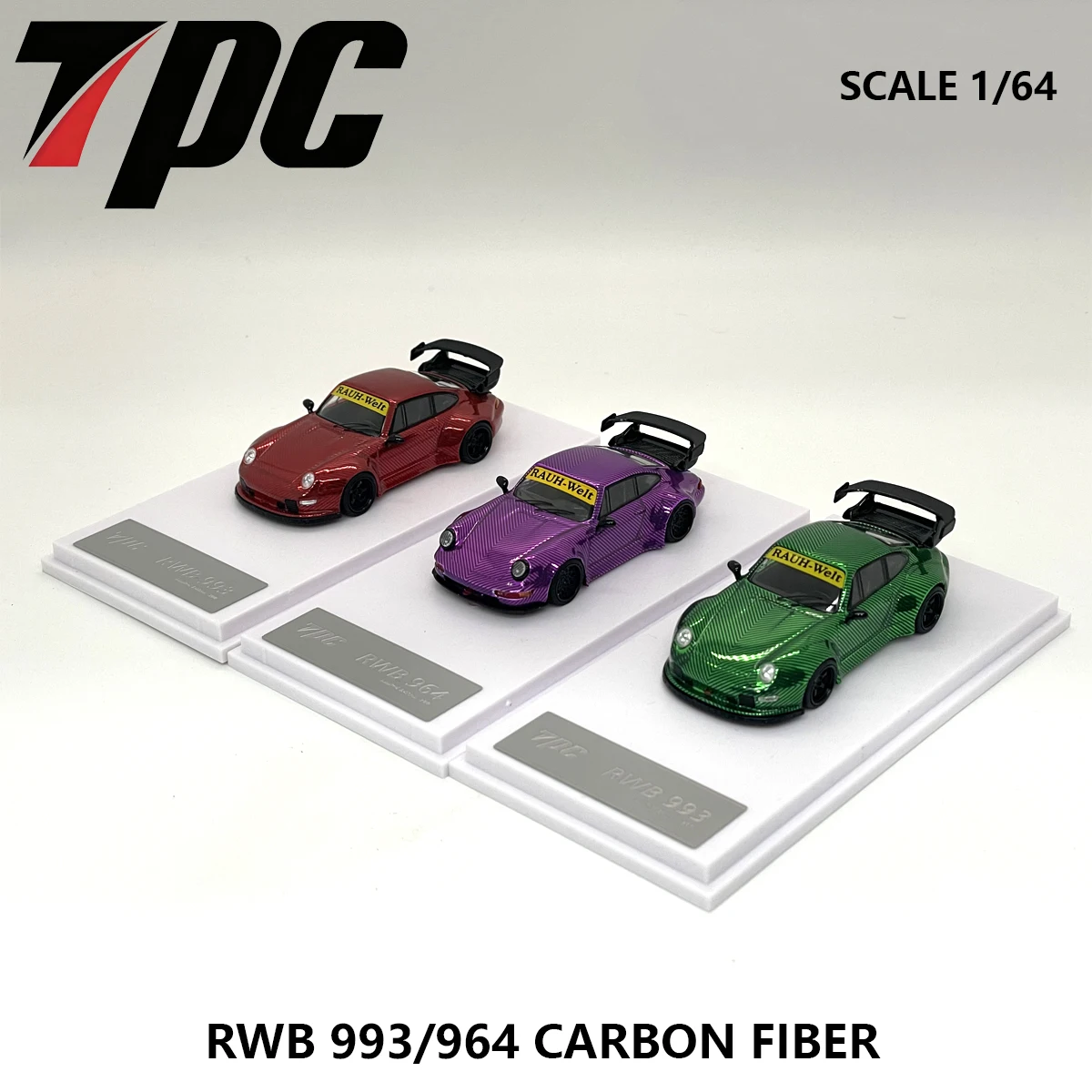 In Stock TPC 1:64 Porsche 911 RWB 993 / 964 Diecast Model Car Carbon Fiber Variants (red/green/purple) Iconic Widebody Design