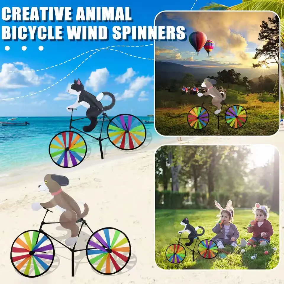 Animal Riding Three-dimensional Cartoon Modelling Windmill Creative Bicycle Wind Spinners Standing Pole Garden Yard Decoration
