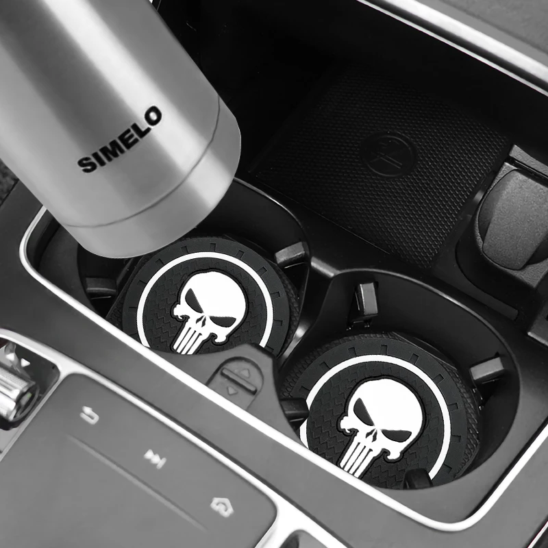 2Pcs Car Punisher Skull Logo Emblem Badge Coaster Water Cup Holder Anti Slip Pads Mat Decoration Auto Accessories Interior