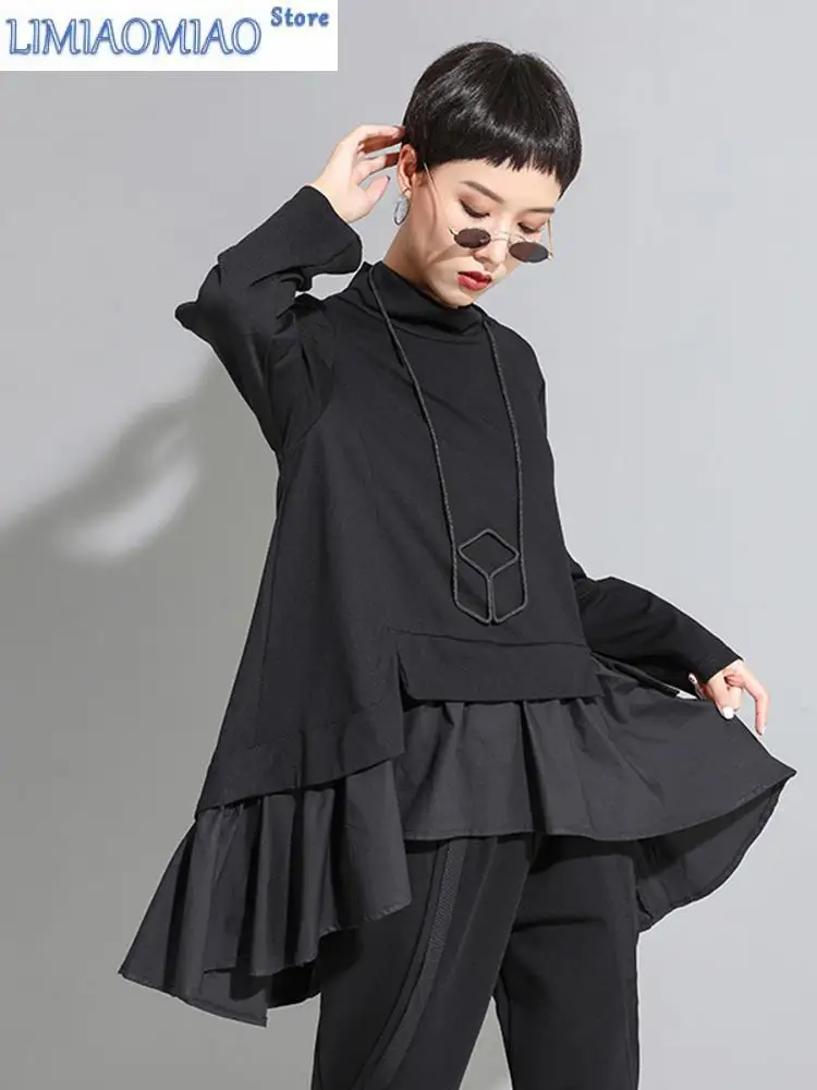 

Loose Fit Asymmetrical Ruffles Sweatshirt New High Collar Long Sleeve Women Big Size Fashion Tide Spring Autumn