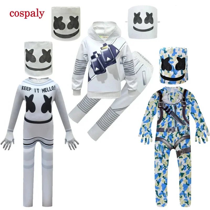 Kids Halloween Costume Boys Marshmello DJ Mask Interesting Jumpsuit Headgear Hoodies Suit Music Christmas Party Costume For Kids