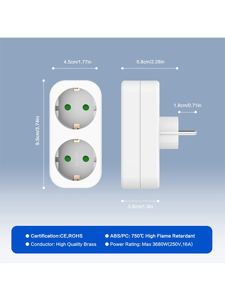 Pack of 3 Multiple Sockets without Cable, Double Plug for Socket, 4000 W Portable Wall Plate Sockets, Adapter Plug 2 Way,White