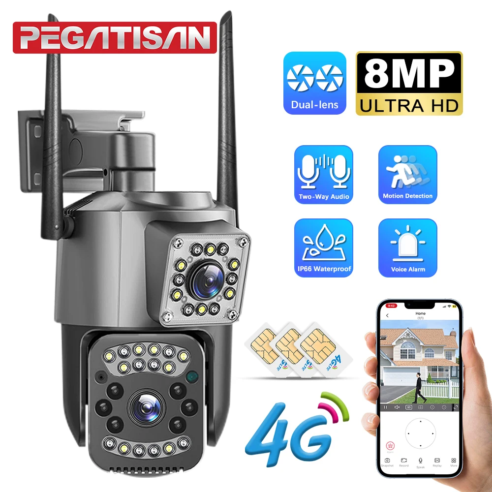 

4K 8MP Dual Lens 4G Sim Card IP Camera Night Vision Ai Human Detect PTZ Outdoor Video Cameras V380 Pro CCTV Security Protection