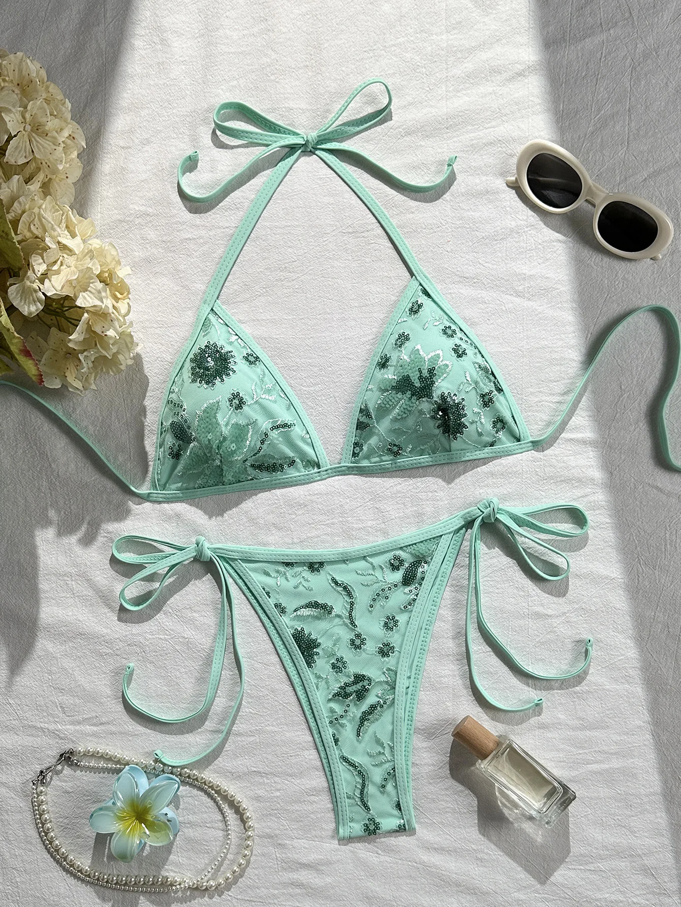 sexy glitter flower sequin micro bikinis sets two pieces halter back tie thong swimsuits bathing suit swimwear biquini tankini