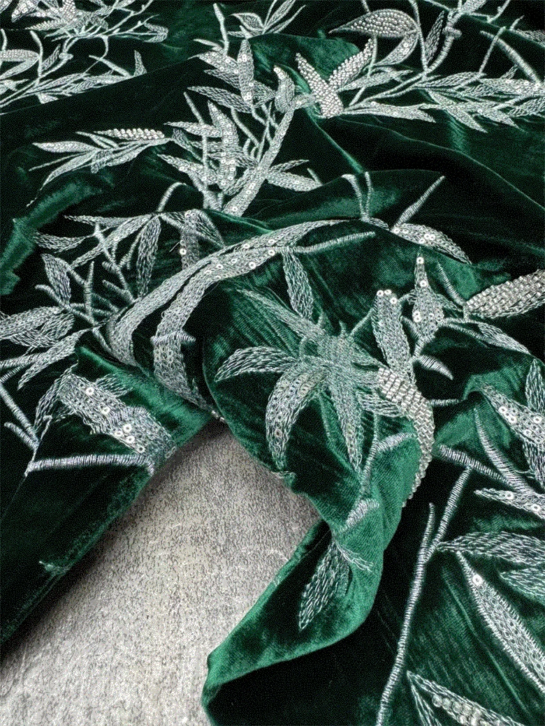 Autumn and Winter New Dark Green Bottom Bamboo Silk Velvet Machine Embroidery Fabric National Style Jacket Vest Fabric