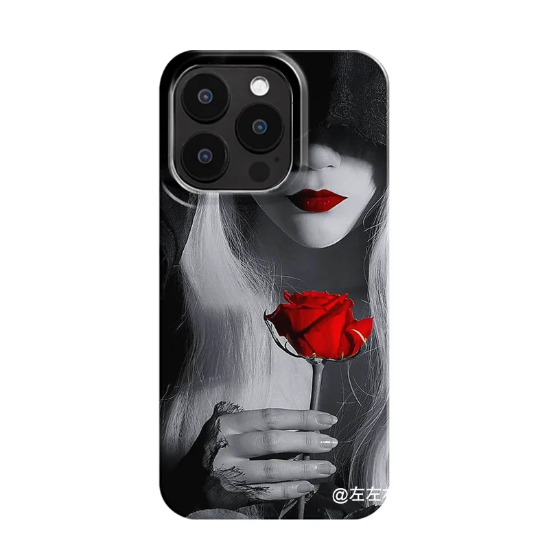 Gothic Lady & Rose Dark Diseño romántico Funda de teléfono misteriosa y seductora para iPhone 16 15 14 11 12 13 Pro Max Plus Contraportada