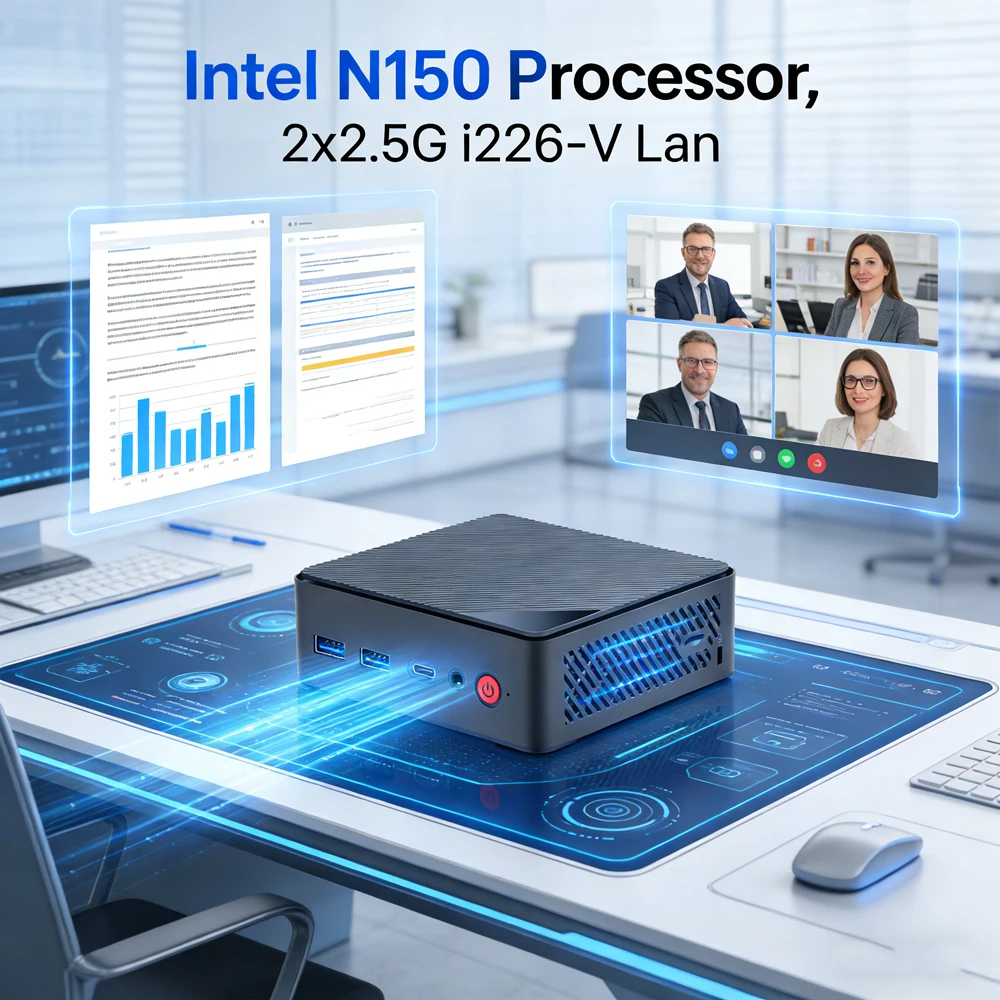 Cheap Office Home Mini PC Intel N150 2*2.5G LAN i226 2*M.2 NVMe SSD Slot DDR5 4800MHz Mini Computer NAS NUC Windows 11 Pro WiFi
