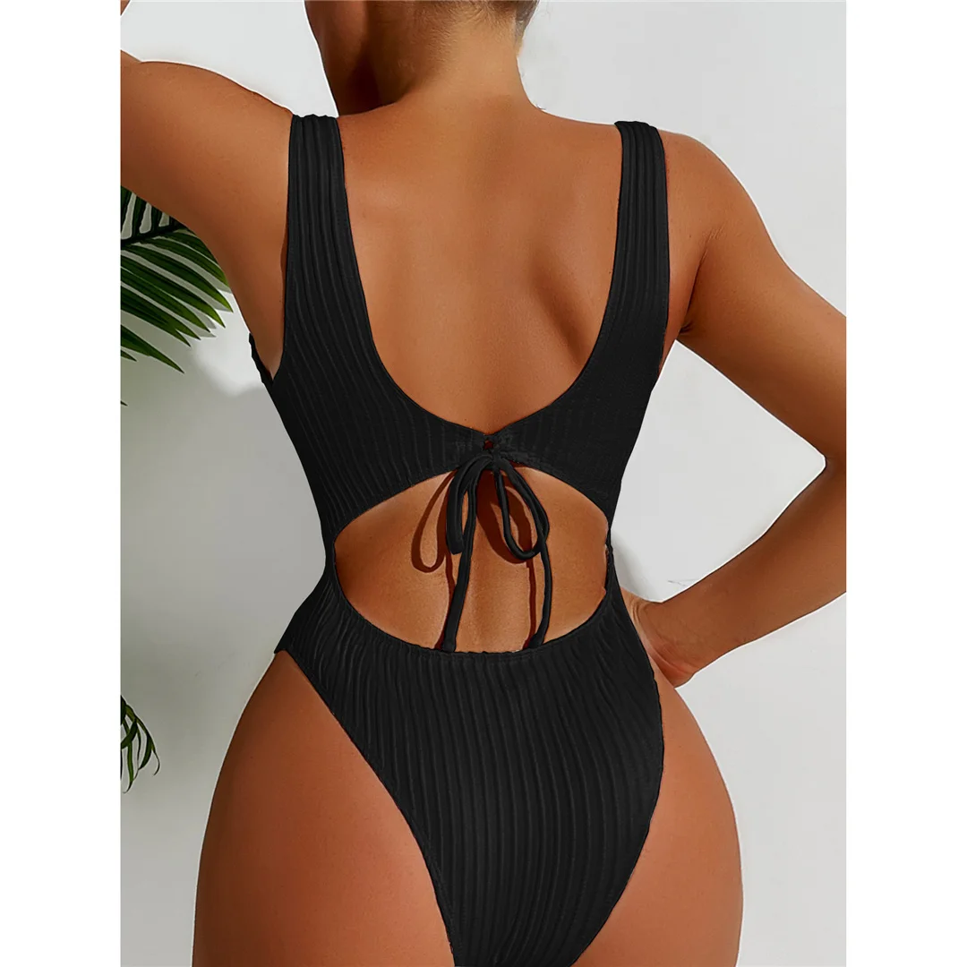 S - XL Sexy weißer, gerippter, rückenfreier Badeanzug mit Ausschnitten, Damen-Badebekleidung, Badeanzug mit hohem Beinausschnitt, Badeanzug, Modell V5889 – Detail 19
