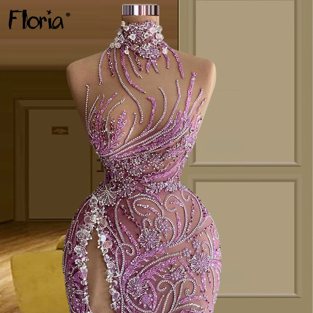 Floria Gorgeous Hot Pink Mermaid Prom Dress Beaded Crystals Long Formal Evening Dresses High Split Cocktail Dresses вечернее пла