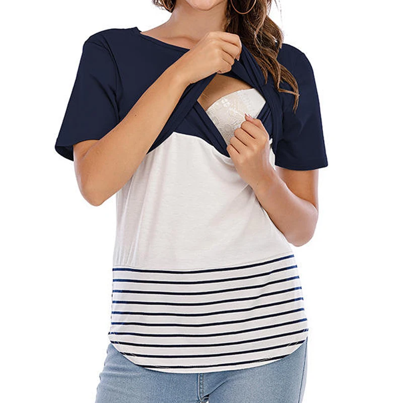 

Футболка для беременных и кормящих мам свободного кроя с цветными блоками и полосками, с коротким рукавом, повседневная, для беременности и послеродового периода