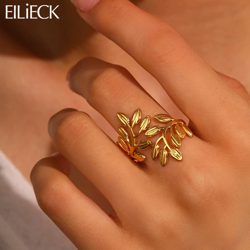

EILIECK 316L Stainless Steel Charm Leaf Leaves Ring for Women Fashion Statement Finger Gold Color Waterproof Jewelry Accessories