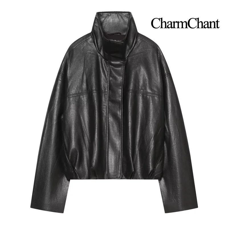 CHARMCHANT Women's Oversized Faux Leather Jacket Stand Collar Zip Up Elastic Hem Loose Bomber Coat Street Outfit 2026 Autumn