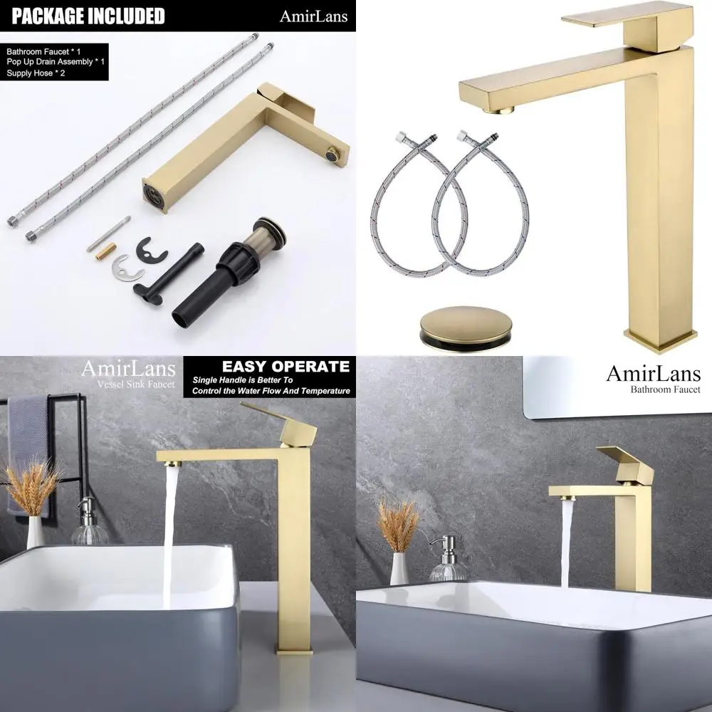 

Single Hole Gold Faucet with Pop-Up Drain for Tall Bathroom Sink, Brushed Gold Finish