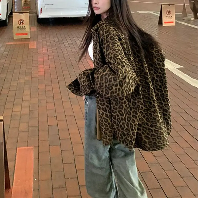 

American Retro Leopard Midi Coats 2025 Autumn Winter Long Sleeve Women's Clothing Turn-down Collar Casual Loose Hotsweet Jackets