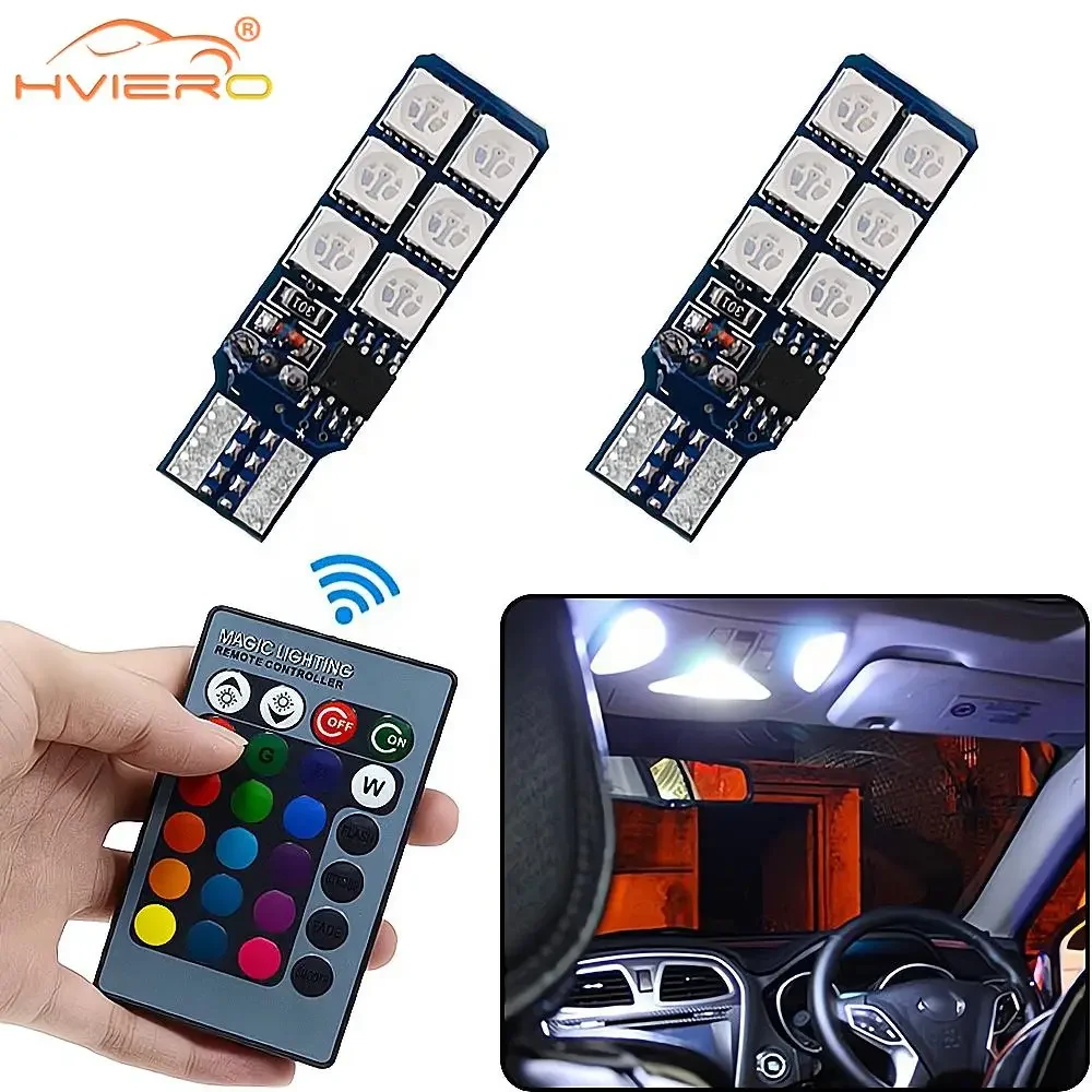 

2pcs T10 W5W RGB LED Bulb 5050 12SMD 12V Car Interior Light with Remote Control Colorful Dome Reading Lamp for Auto Decoration