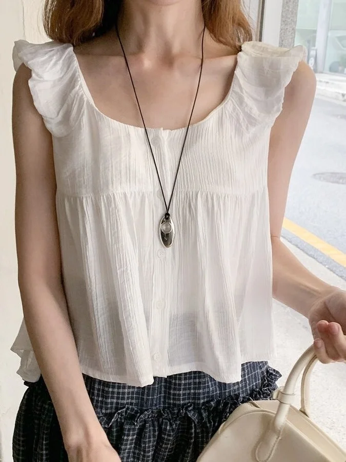 

Summer Gentle Women's Top Fashion Pleated Flying Sleeve Sweet Anti-Aging Doll Shirt Small Size Vest Korean Style Loose Fit