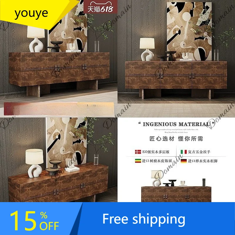N80 Modern Italian Solid Wood Sideboard Luxury Villa Living Room Storage Cabinet Vintage Burl Wood Veneer Entryway Buffet