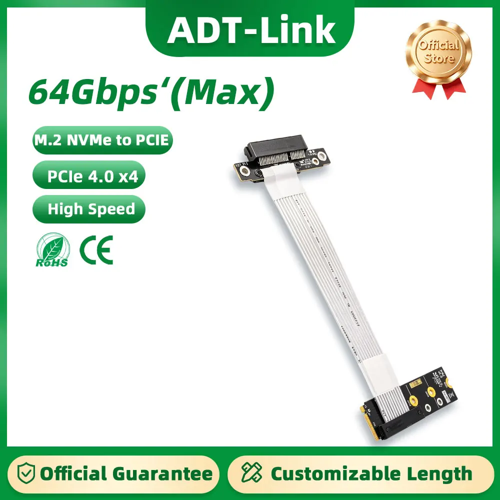 ADT-Link Gen4 PCIe 4.0 M.2 NVMe to x4 Riser Graphics Card Extension Cable Sata Power M.2 NVMe Key M Adapter PCIe 4x Turn