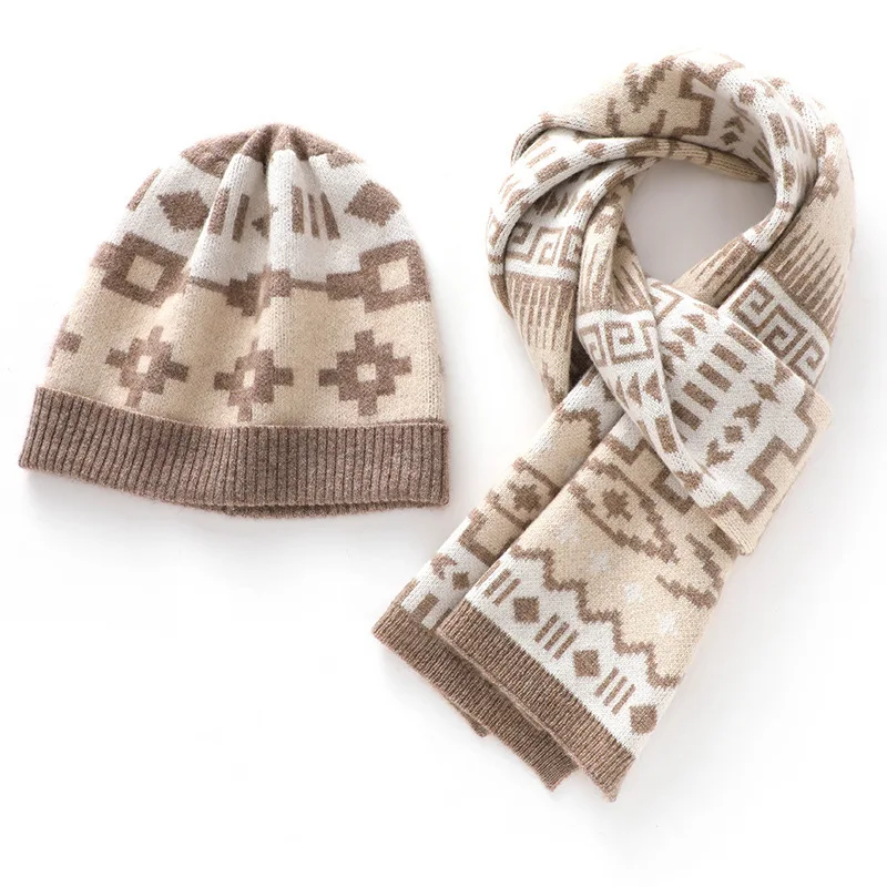 

Winter universal cashmere hat soft and fashionable knit hat jacquard warm wool scarf two-piece set