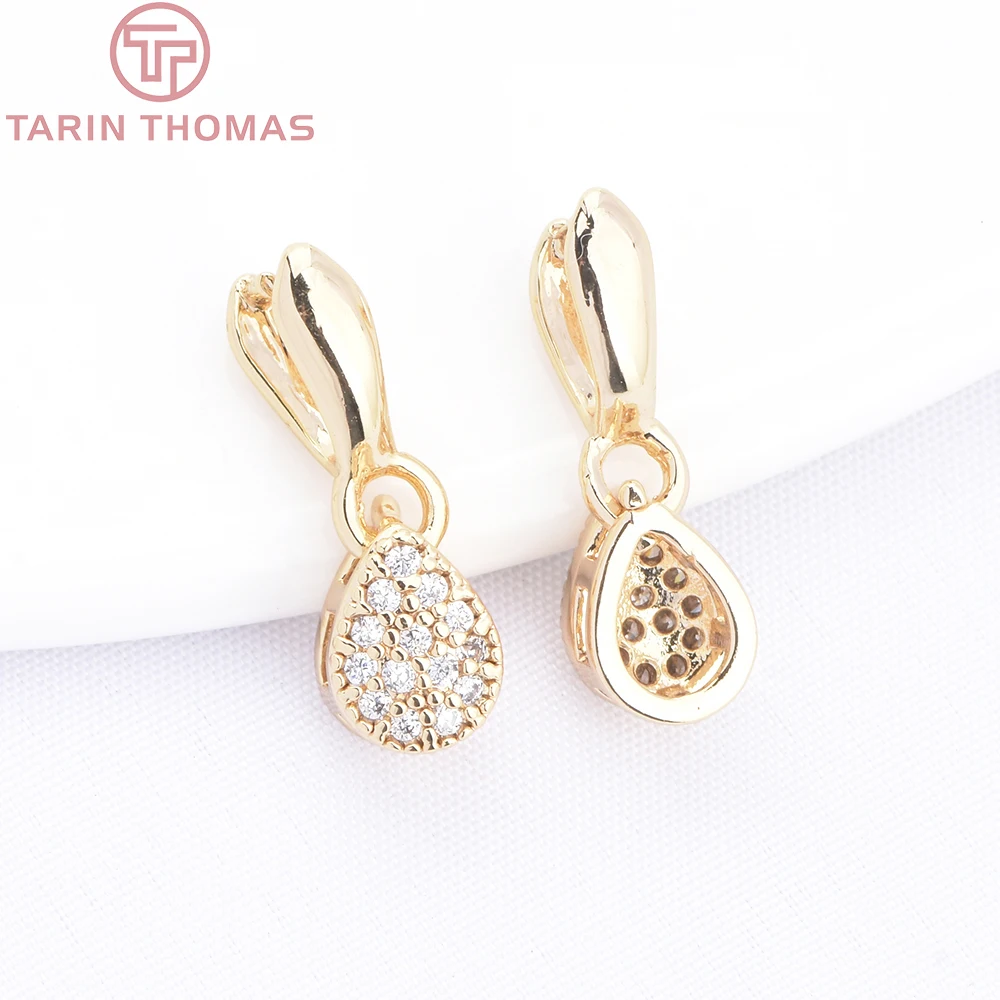 (10292) 4PCS 24K Gold Color Brass with Zircon Water Drop Shaped Necklace Buckle Clip Connector Diy Jewelry Making Accessories