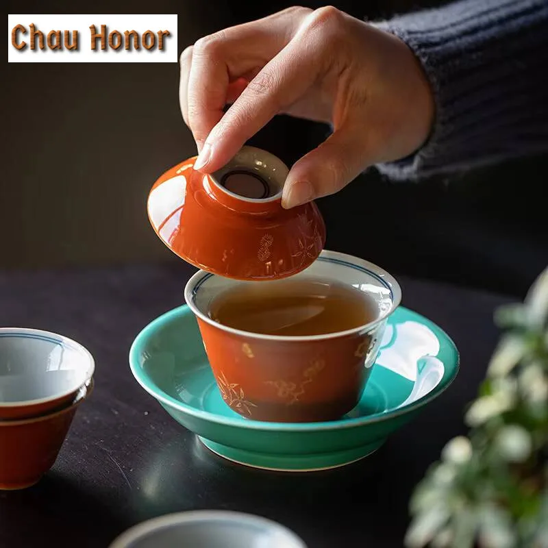 

110ml Antique Alum Red Bronzing Plum Bamboo Pine Covered Bowl Tea Cup Household Ceramic Gaiwan Kung Fu tea set Tea Ceremony Gift