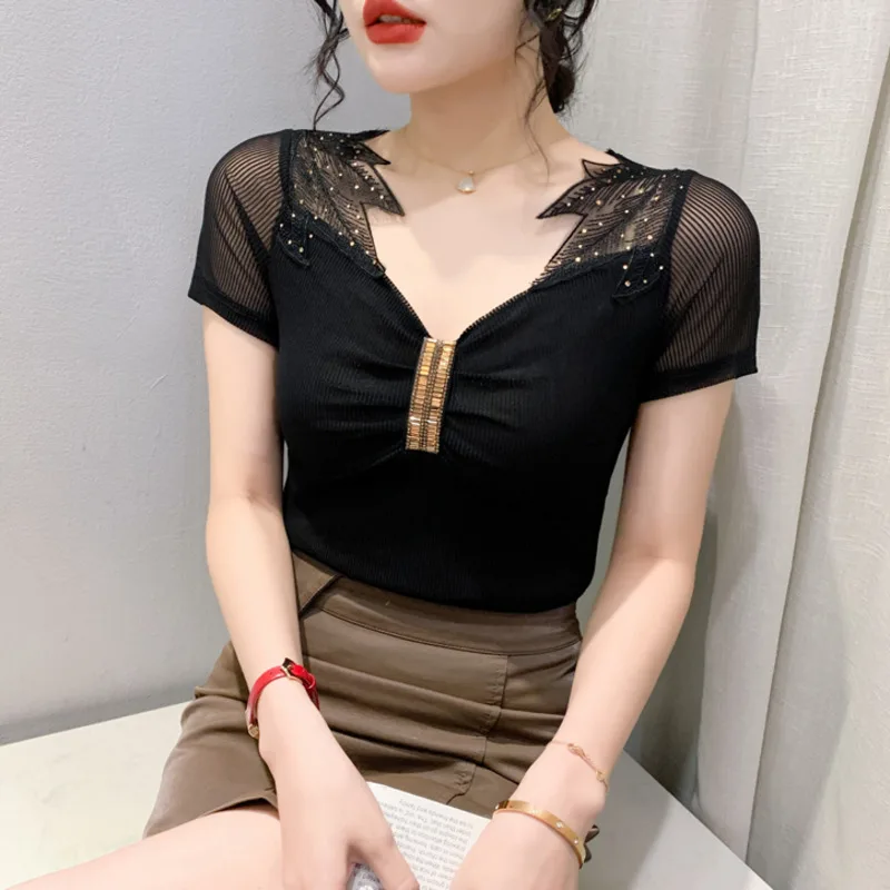 

#5362 Black Sexy Mesh T Shirt Women Short Sleeve V-neck Spliced Lace Tight Womens Tshirt Korean Style Streetwear Tee Summer 2023