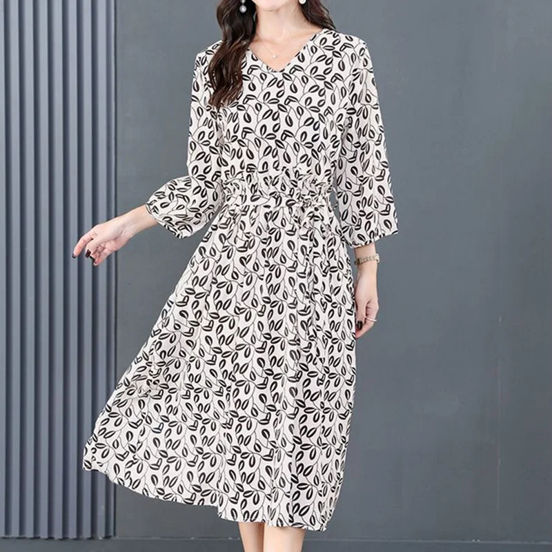 

Spring Autumn Female Clothing Korean V-Neck Leaf Print Pockets Three Quarter Sleeve Chiffon Lacing Waist Retraction Midi Dress