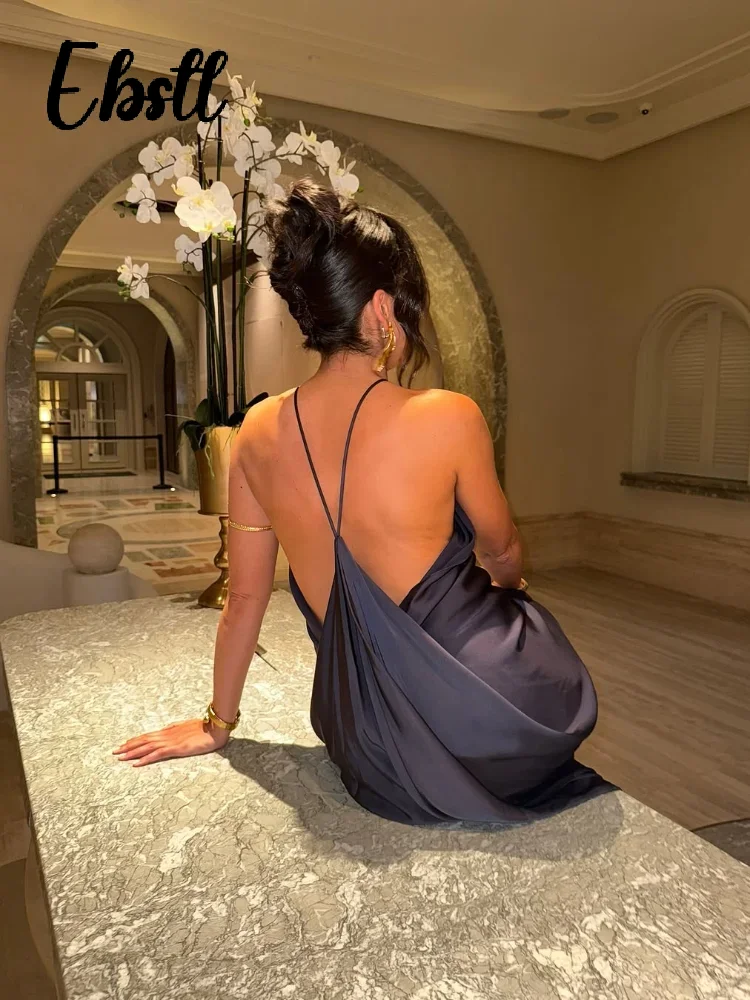 Elegante Satin-Neckholder-Partykleider für Damen, einfarbig, O-Ausschnitt, rückenfrei, ärmellos, lange Roben, 2025, Herbst, neues Damen-Club-loses Kleid