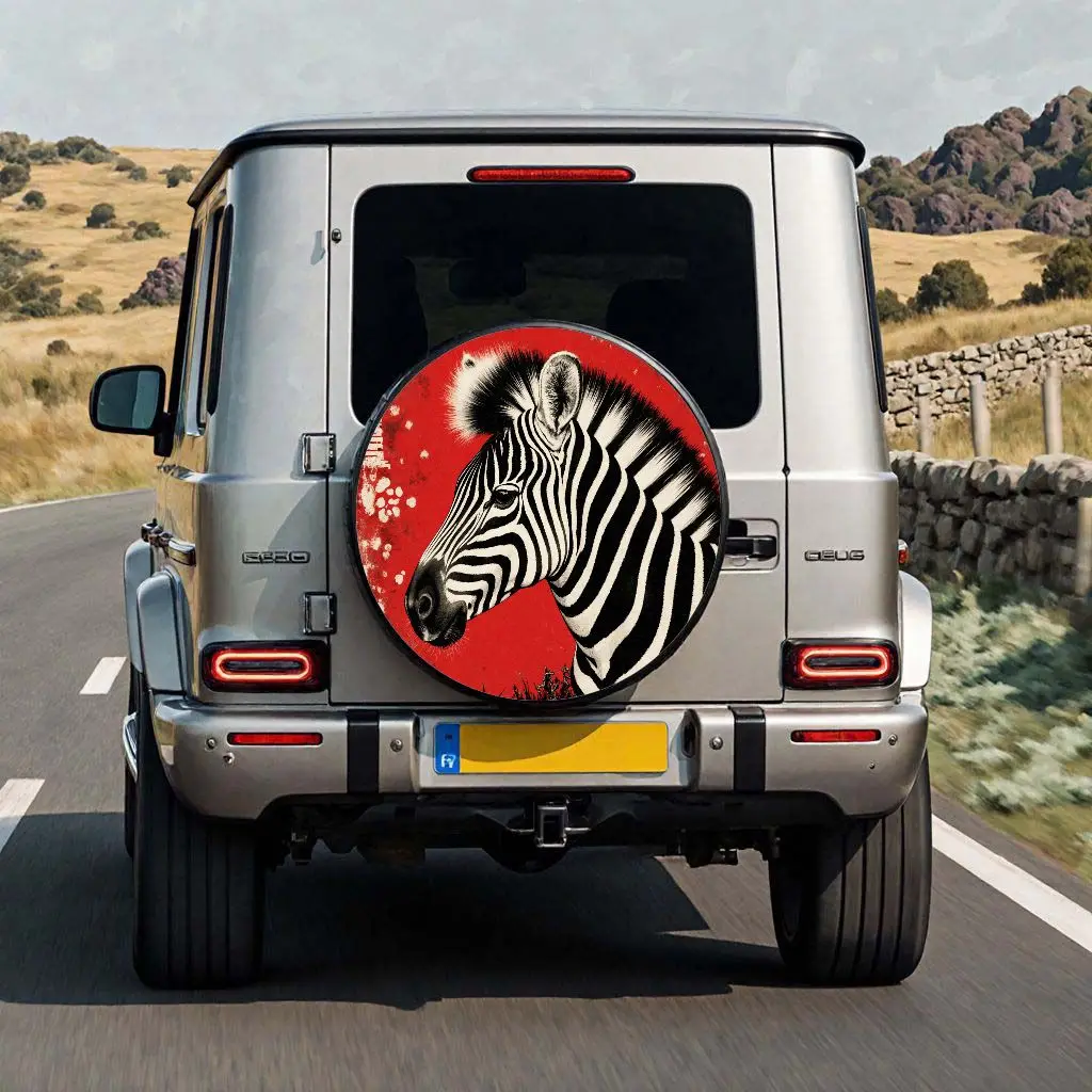 

Zebra Head Tire Cover Red Background SUV Truck Car Wheel Cover Durable Spare Tire Protector Outdoor