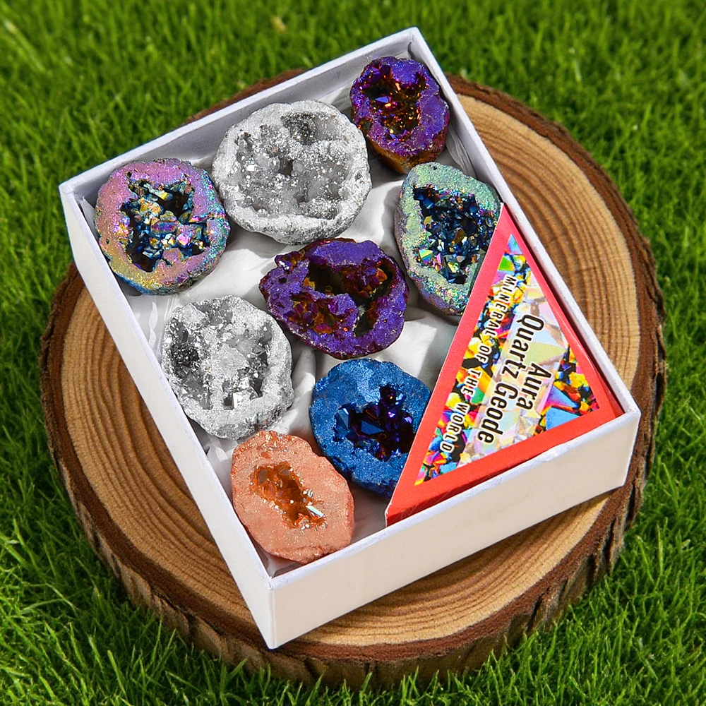 8 Teile/schachtel Titan Beschichtet Natürliche Kristall Cluster Galvani Achat Geode, Energie Balance Reiki Wicca Wohnkultur