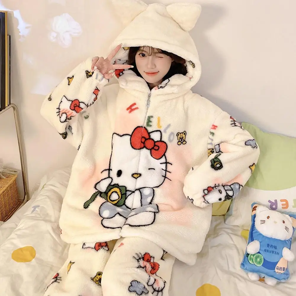 

Kawaii Hello Kitty Women Coral Fleece Plush Pajamas Suit Sanrio Anime Kuromi Thickened Nightgown Winter Warm Homewear Tops Pants