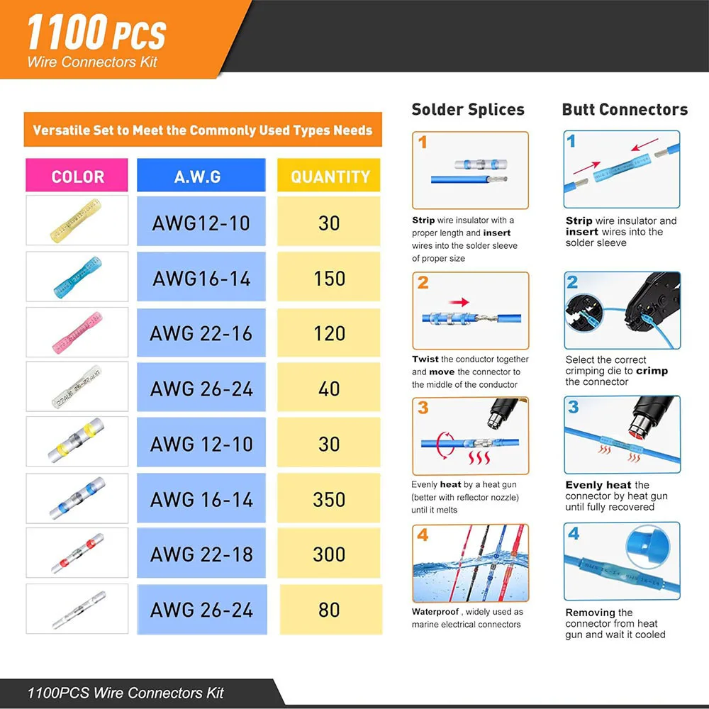1100PCS Boxed 26-10AWG Solder Ring Heat Shrinkable Waterproof Sealed Terminal Block Connector