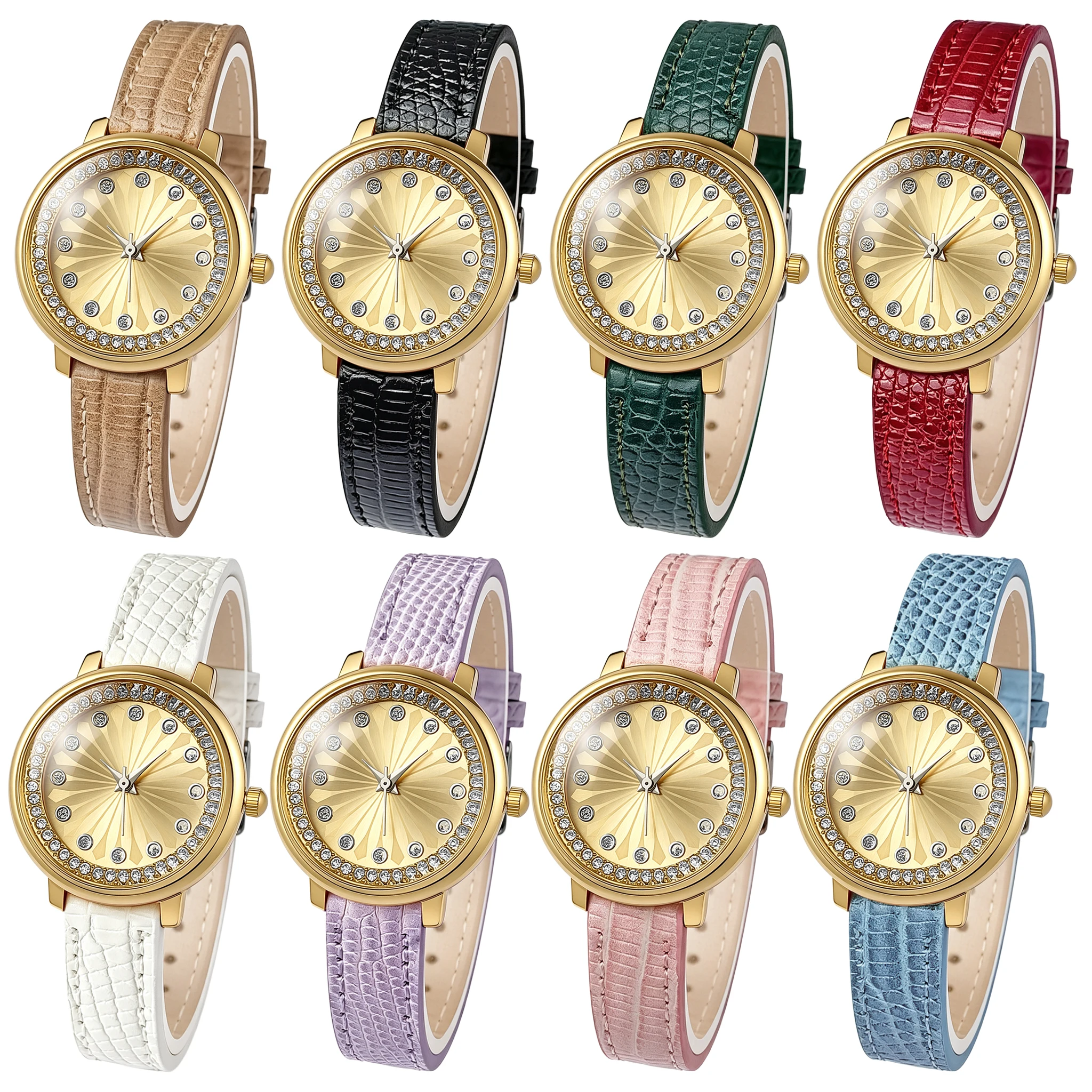 Luxury Round Women Quartz Wristwatch Gold Alloy Case Rhinestone Inlaid Bezel Sunburst Dial PU Leather Strap Elegant Ladies Watch