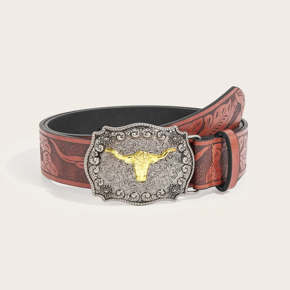 Vintage Western Leather Belt for Men Women Horse Longhorn Bull Buckle Belt Retro Floral Embossed Cowboy Waist Belt for Jeans