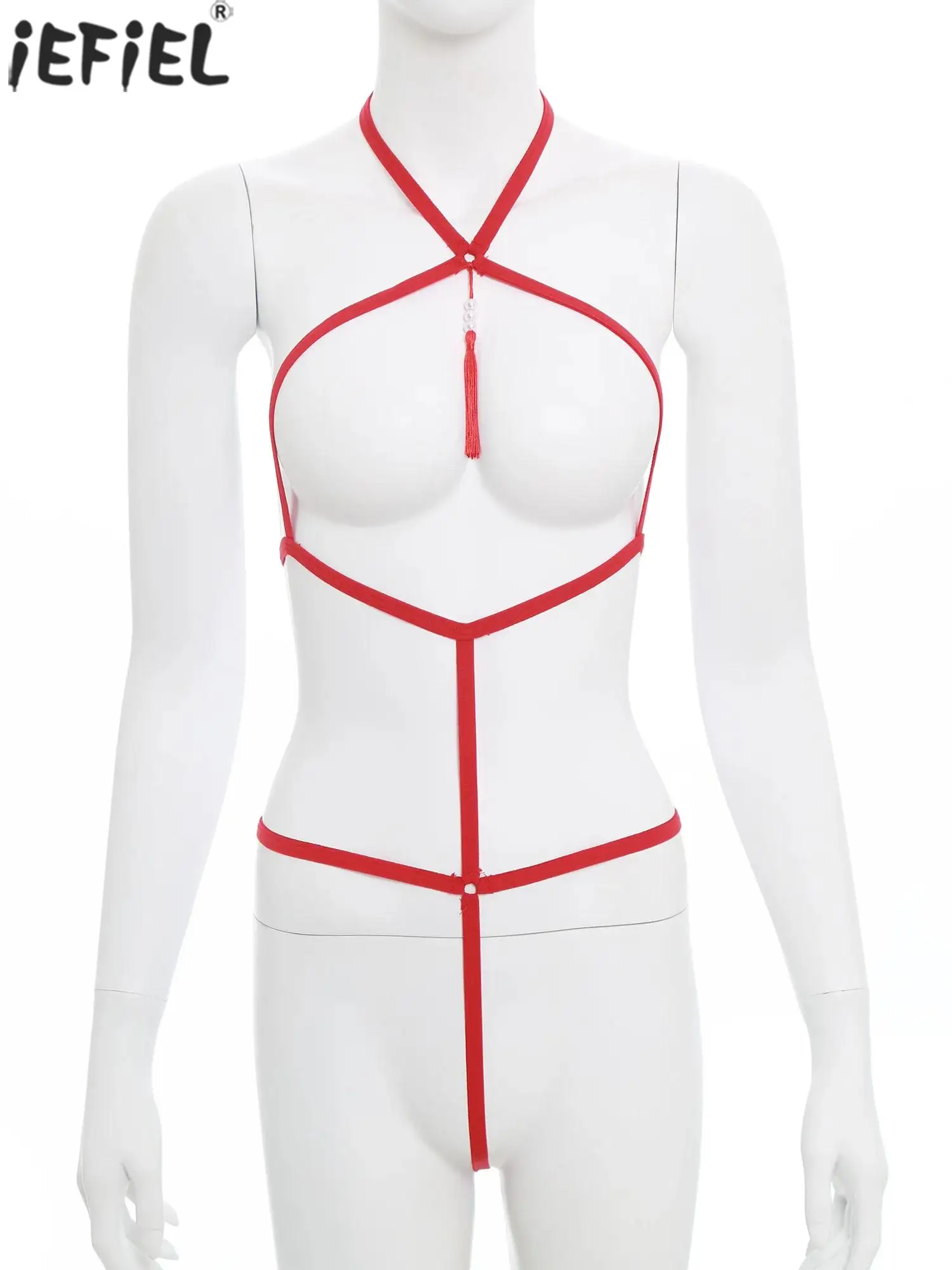 

Womens Lingerie Body Harness Bodysuits Hollow Out Halter Flaunting Sling Leotard with Faux Pearly Beads Dirty Flirting Nightwear