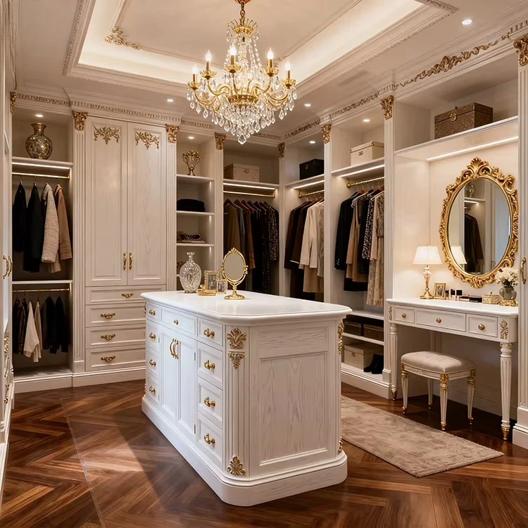 Custom European Style Luxury Solid Wood Grain Carved Gilded Door Wardrobe Island Walk in Closet Storage System