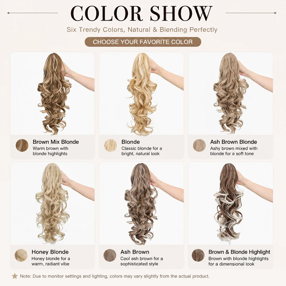 16Inch Synthetic Clip In Ponytail Extension Long Wavy Curly Hairpiece Claw Clip Voluminous Natural Looking Hair for Women