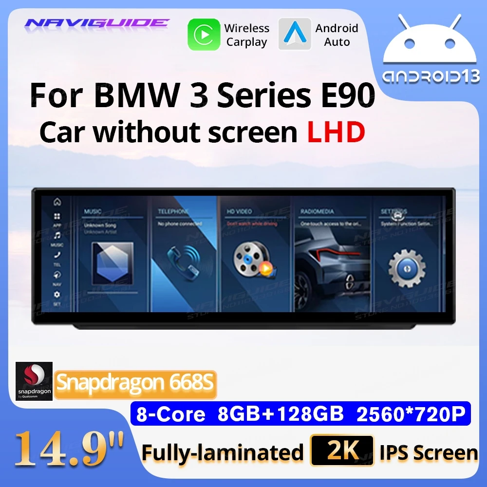 NAVIGUIDE 14.9'' Android13 Wireless CarPlay Auto For BMW 3 Series E90 NO Screen LHD 2006-2010 Car Multimedia Player GPS Headunit