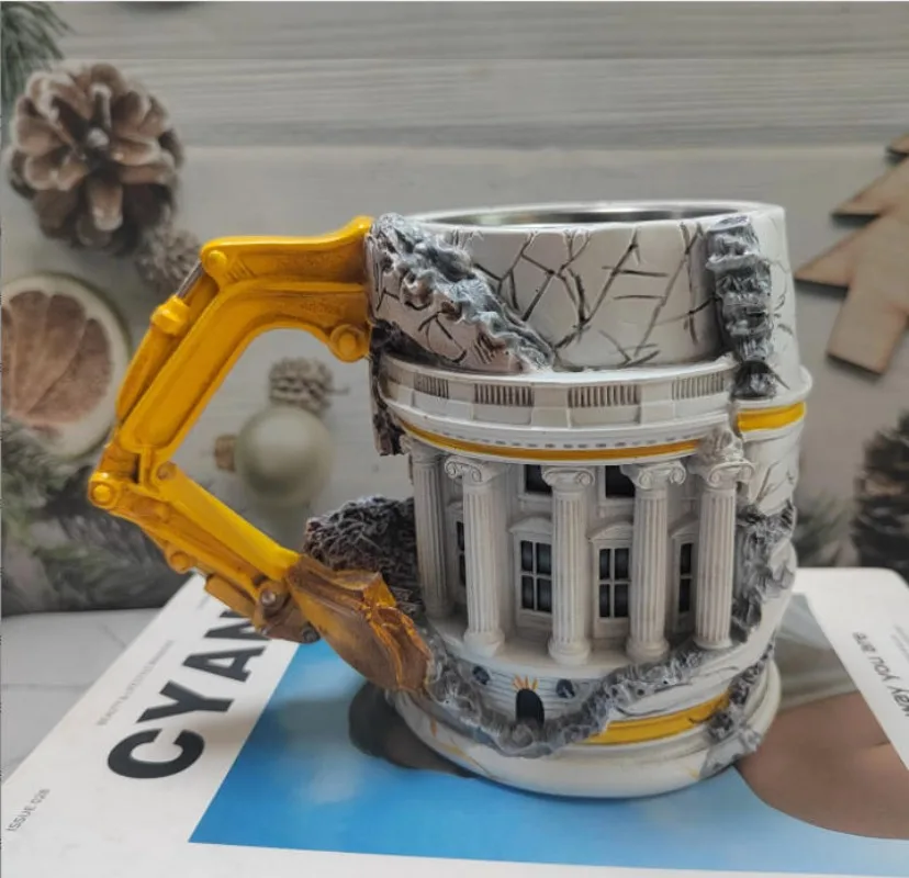 Creative Demolition Excavator Mug 3D Cracked Building Coffee Cup 304 Stainless Steel Liner Resin Decorative Drinkware